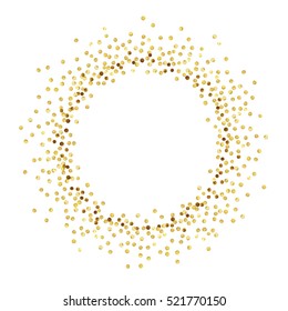 Golden splash or glittering spangles round frame with empty center for text. Golden glittering  circle  made of tiny uneven round dots on white background. Vector illustration.