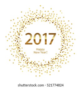 Golden splash or glittering spangles round frame. Happy New Year 2017 - gold disc lights frame. Golden glittering  circle  made of dots on white background. Vector illustration.