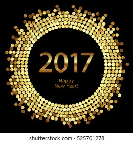 Golden splash or glittering spangles round frame. Happy New Year 2017 - gold disc lights frame. Golden glittering  circle  made of dots on black background. Vector illustration.