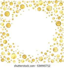 Golden splash or glittering spangles round frame with empty center for text. Golden glittering  circle  made  of different uneven round dots on white background. Vector illustration.