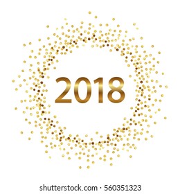 Golden splash or glittering spangles round frame. Happy New Year 2018 - gold disc lights frame. Golden glittering  circle  made of dots on white background. Vector illustration.