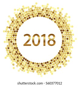 Golden splash or glittering spangles round frame. Happy New Year 2018 - gold disc lights frame. Golden glittering  circle  made of  dots on white background. Vector illustration.