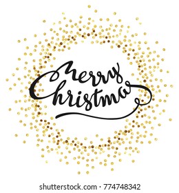 Golden splash or glittering spangles round frame. Merry Christmas - gold disc lights frame. Golden glittering  circle  made of dots with text on white background. Vector illustration.
