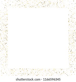 Golden splash or glittering spangles square frame with empty center for text. Golden glittering rectangle made of tiny uneven round dots on white background. Vector illustration.