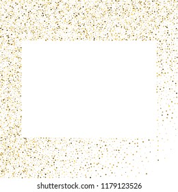 Golden splash or glittering spangles square frame with empty center for text. Golden glittering rectangle made of tiny uneven round dots on white background. Vector illustration.