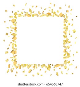 Golden splash or glittering  spangles square frame with empty center for text. Golden glittering  rectangle  made of confetti on white background. Vector illustration.