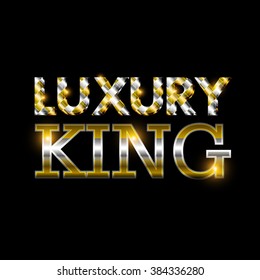 Golden splashes on black background, sparkles. Gold text for card, vip, exclusive, certificate, gift, luxury, privilege, store, present, shopping. vector. king lettering.  Vector shiny gold letters