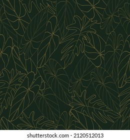 Golden split leaf philodendron seamless pattern. Luxury green and gold combination background. Vector illustration.