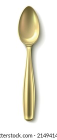 Golden spoon top view. Realistic metal cutlery