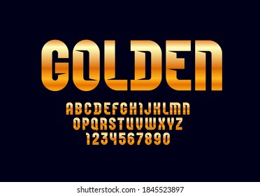 Golden sport font, modern metallic alphabet, gold capital Latin letters from A to Z and Arab numbers from 0 to 9, vector illustration 10EPS