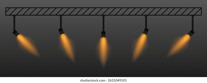 Golden spotlight. Adjustable light projectors with angled beams, directed stage lighting system for studio, performance or interior illumination design.