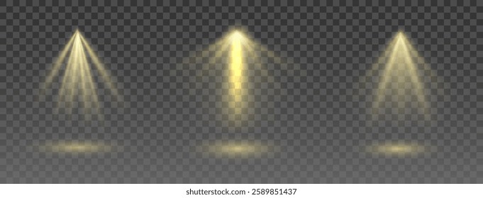 Golden spotlight beams with soft glow, realistic stage lighting effect, transparent background, elegant light rays, warm illumination, theatrical ambiance, digital light overlay, dramatic effect