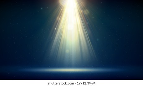 Golden spotlight dark blue background, stage. Backdrop for displaying products. Bright golden beams of a spotlight, bokeh, shimmering glittering particles, a spot of light. Vector illustration