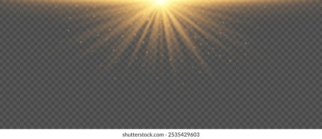 Golden spotlight with glowing particles isolated on transparent background. Bright flash with golden rays. Light effect. Vector illustration. EPS 10.