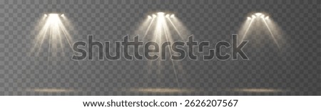 Golden Spotlight Light Effects  – Glowing Stage Floodlights, Gold Rays and Beams, Transparent Scene Lighting Isolated, Shiny Illumination for Stage, Show, Theatre or Concert Design