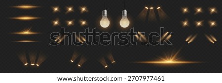 Golden spotlight rays and glowing bulb effects pack	