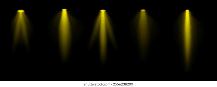 Golden spotlight set. Multiple focused beams, ceiling-mounted lighting, bright white glow, stage illumination, modern lighting design, minimalistic decor, professional setup
