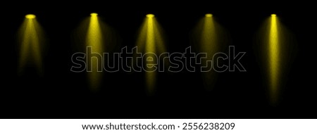 Golden spotlight set. Multiple focused beams, ceiling-mounted lighting, bright white glow, stage illumination, modern lighting design, minimalistic decor, professional setup