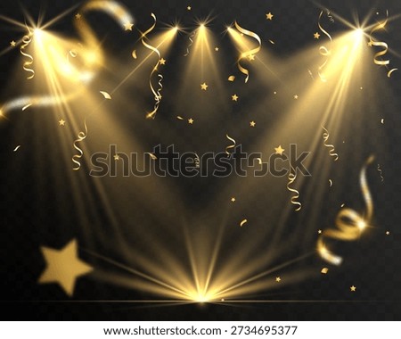 Golden spotlights with falling confetti, ribbons and stars on a dark background, creating a glamorous award show, celebration or festive event scene.