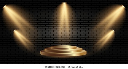 Golden spotlights and podium lighting. Brick gray wall. For stages, concerts, holidays. EPS10.
