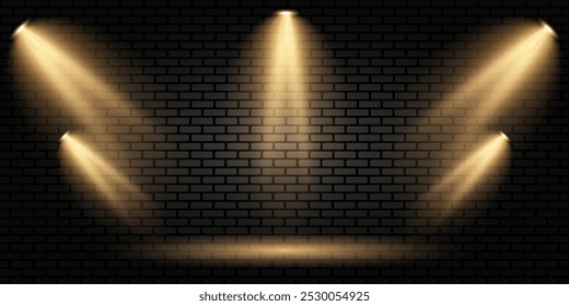 Golden spotlights.Bright lighting with spotlights.Brick gray wall.For stages, concerts, holidays.Light effect.EPS10.