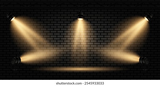 Golden spotlights.Light effect. Bright lighting with spotlights on a brick wall.Vector illustration.