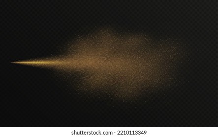 Golden spray mist with glitter particles, fashion shimmer freshener with haze isolated on a dark background. Realistic vector effect. Luxury scent template. Christmas decoration. 