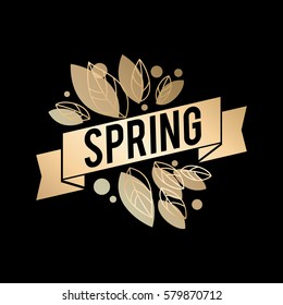 Golden spring design. Vector illustration. Big spring sale. Gold leaves and dots