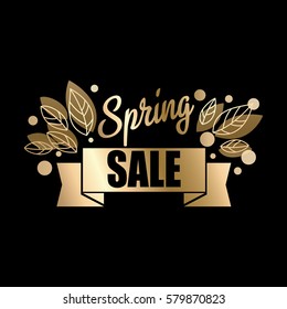 Golden spring design. Vector illustration. Big spring sale. Gold leaves and dots