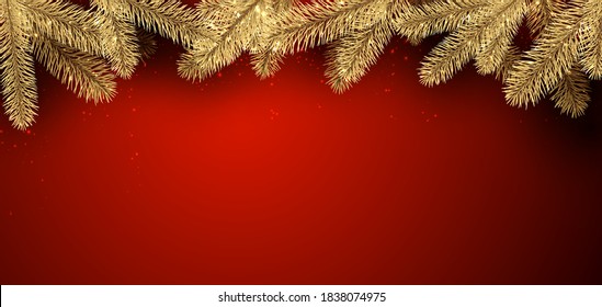 Golden spruce branches with shiny lights on red background. Space for text. Vector holiday illustration.