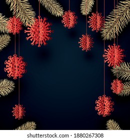 Goldene Fichte zweigt quadratischen Rahmen. Hanging covid-19 Weihnachtsbaumspielzeug. Platz für Text. Vektorgrafik.