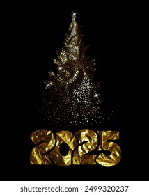 Golden spruce. Happy new year 2025. hand drawing. Not AI, Vector illustrations