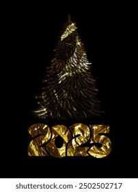 Golden spruce. Happy new year 2025. hand drawing. Not AI, Vector illustrations