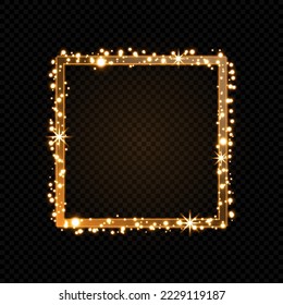 Golden square border with glitter particles isolated on dark background. Stardust frame of sparks, glares. Shiny luxury backdrop. Glowing light effect on black. Xmas sparkles, flares.