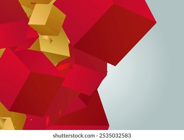 Golden Square Fly Fashion Vector Grey Background. Yellow Cube Flying Art Illustration. Orange Confetti Technology Wallpaper. Party Box Creative Design.