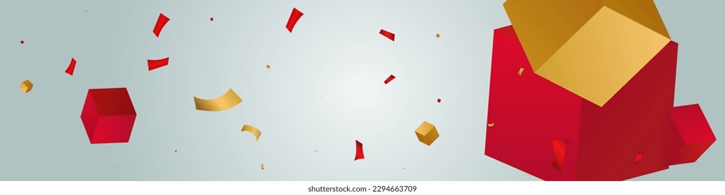Golden Square Volando Vector Geométrico Fondo Panorámico Gris. Ilustración De La Cubierta Naranja De Brillo De Mosca. Banner del Partido del Oro y el Confetti Rojo. Diseño De Moda De Elementos De Regalo.