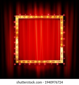 Ein goldener quadratischer Rahmen auf einem roten Vorhang, beleuchtet durch Lichter. Vektorgrafik