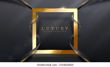 Golden square frame and black ribbon elements with glitter light effects and bokeh decoration. Luxury style background.