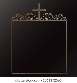 Golden square frame with Christian cross and floral patterns