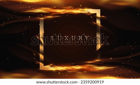 Golden square frame decorated with impassioned fire effects and flame element on dark scene. Luxury black background. Vector illustration.