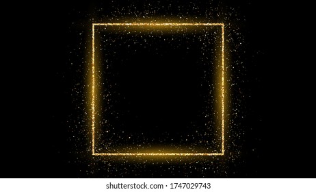 Golden square frame with glitter, sparkles and flares on dark background. Empty luxury backdrop. Vector illustration.