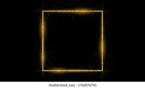 Marco cuadrado dorado con brillo, destellos y bengalas sobre fondo oscuro. Fondo de lujo vacío. Ilustración vectorial.