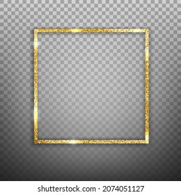 Marco cuadrado dorado con textura brillante aislado sobre fondo transparente. Borde con lugar para el texto. Ilustración vectorial.