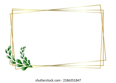 Golden square frame with green watercolor leaves on a white isolated background, pink trendy spot