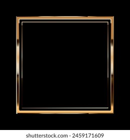 Golden square frame for an image on a black background. Empty space for an image, painting, postcard or photograph. 3D realistic modern vector illustration of square template