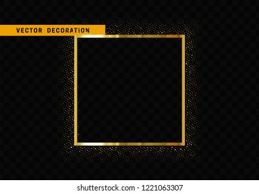 Golden square frame isolated on transparent background. Glitter border shining particles, of light effects
