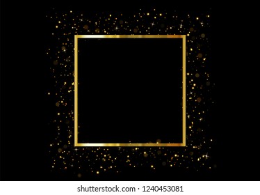 Golden square frame isolated on black background. Gold glitter border shining particles of light effects