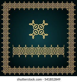 Golden square frame with logo and seamless border. Oriental, islamic style. Vector elements for any kind of your design.