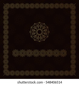 Golden square frame with logo, seamless pattern and seamless border. Oriental, islamic style. Vector elements for any kind of your design. 
