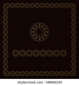 Golden square frame with logo, seamless pattern and seamless border. Oriental, islamic style. Vector elements for any kind of your design. 